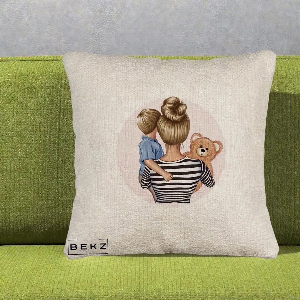 Cadou pentru Mama - Perna Personalizata Mama si Baietelul cu Ursulet, 40x40 cm, Bej Canapea, Husa Detasabila, Perna Inclusa, BEKZ®
