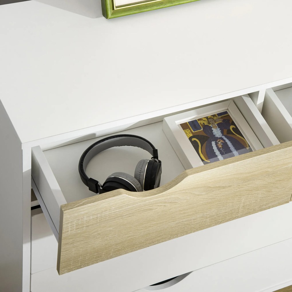 HOMCOM Comodă 5 sertare design scandinav mobilier depozitare cameră placă particule 99 x 39 x 101 cm alb aspect stejar deschis | Aosom Romania