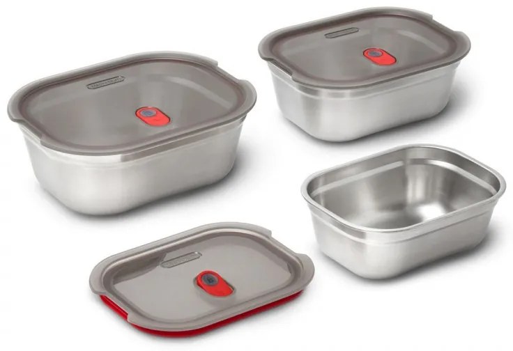 Set 3 cutii alimentare Black+Blum Meal Prep FBSS-BX-PACK1, 0.6/0.9/1.2 l, Dreptunghiular, Rezistent la cuptor, Fara BPA, oțel inoxidabil, gri