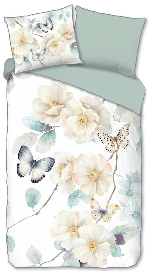 Lenjerie de pat albă-verde din bumbac satinat pentru pat de o persoană, extinsă 140x220 cm Adiwanya – Descanso