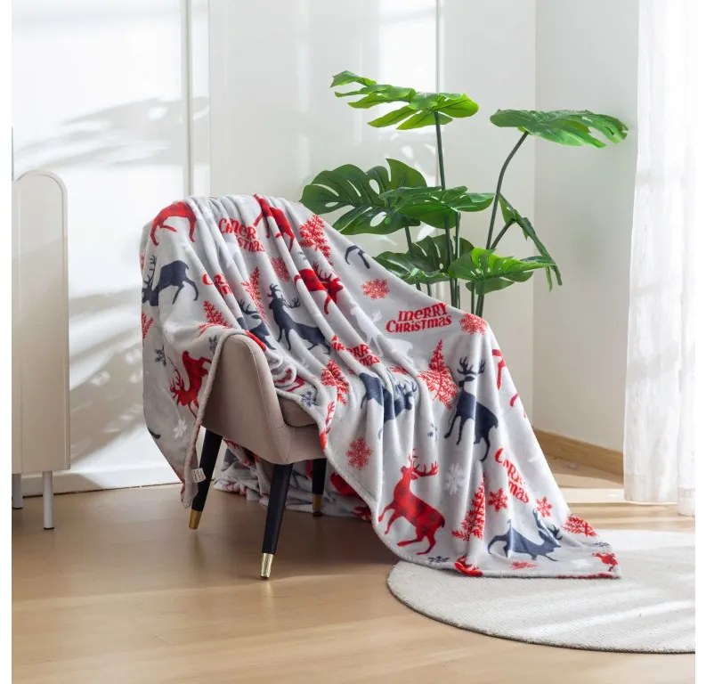 2x Patura de microfleece gri de Craciun MERRY CHRISTMAS DEER 160x200 cm