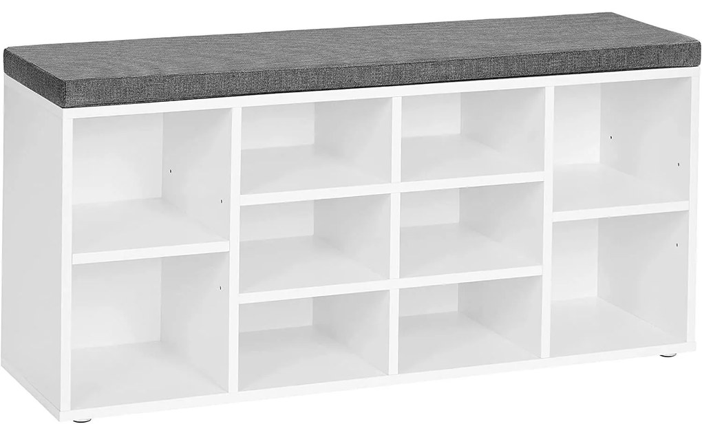 Bancă pentru pantofi cu 10 compartimente cu căptușeală 104x30x48 cm, alb