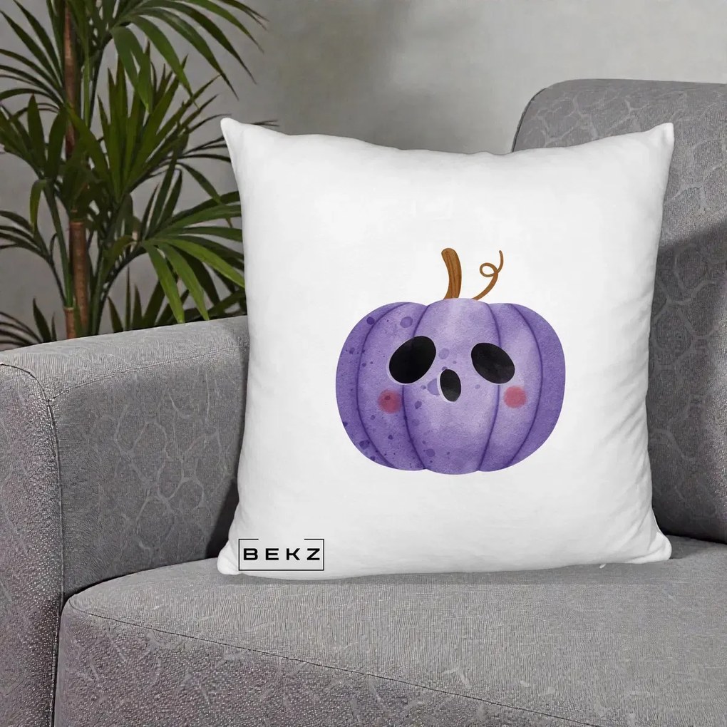 Perna Decorativa Dovleac Halloween Mov Kawaii, 40x40 cm, Alb Pufos, Husa Detasabila, Perna Inclusa, BEKZ®