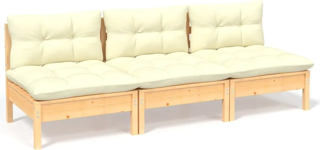 vidaXL Canapea de grădină cu 3 locuri, cu perne crem, lemn masiv pin