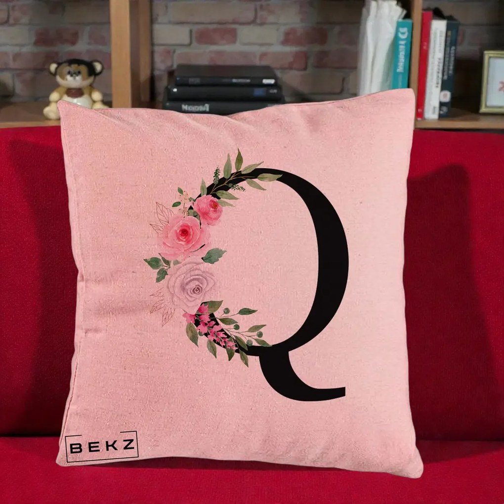 Cadou Personalizat - Perna Personalizata Monograma Florala Litera Q, 40x40 cm, Roz, Husa Detasabila, Perna Inclusa, BEKZ®