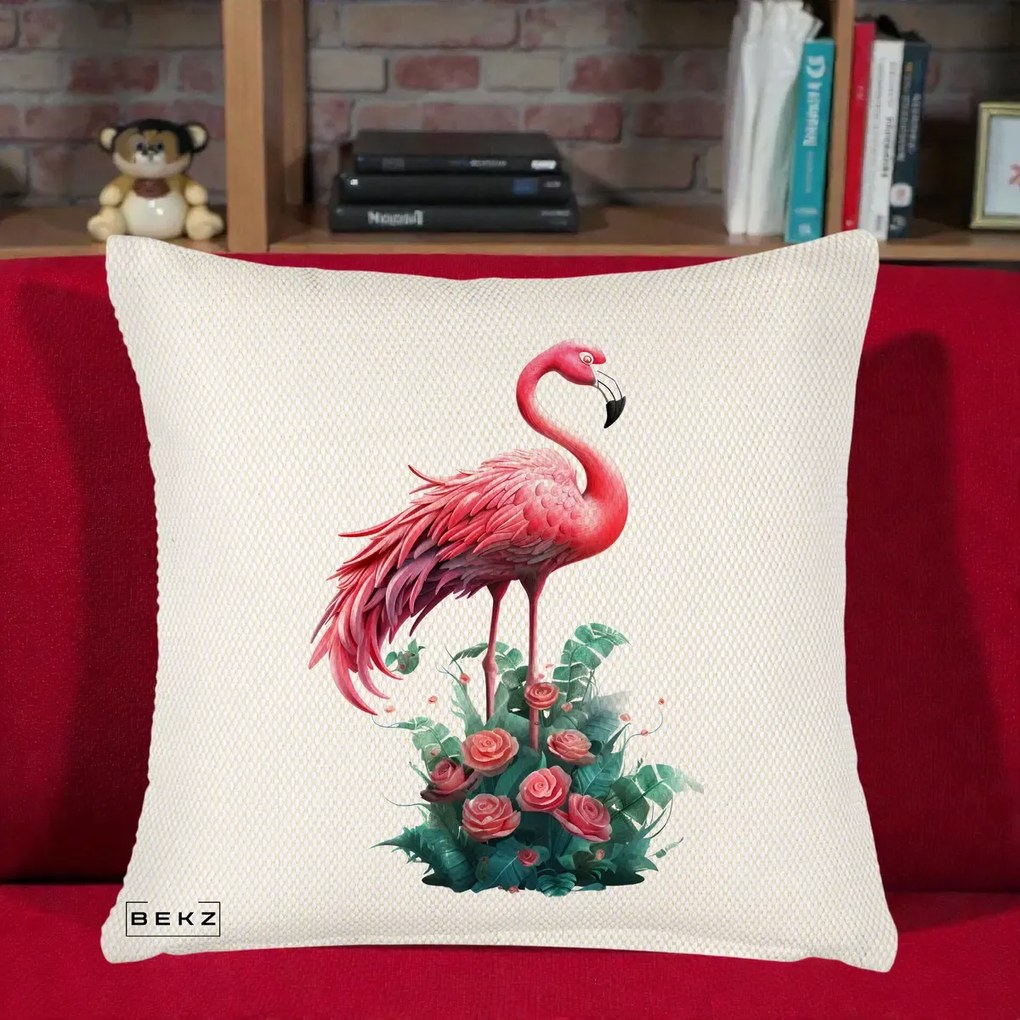 Perna Decorativa Flamingo cu Trandafiri Tropicali, 40x40 cm, Crem Reliefat, Husa Detasabila, Perna Inclusa, BEKZ®