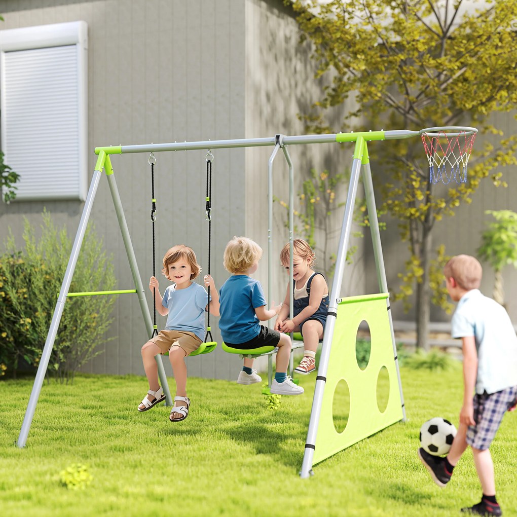 AIYAPLAY Leagăn de Grădină 4 în 1 pentru Copii cu Coș de Baschet și Poartă de Fotbal, 215x180x182 cm, Verde | Aosom Romania