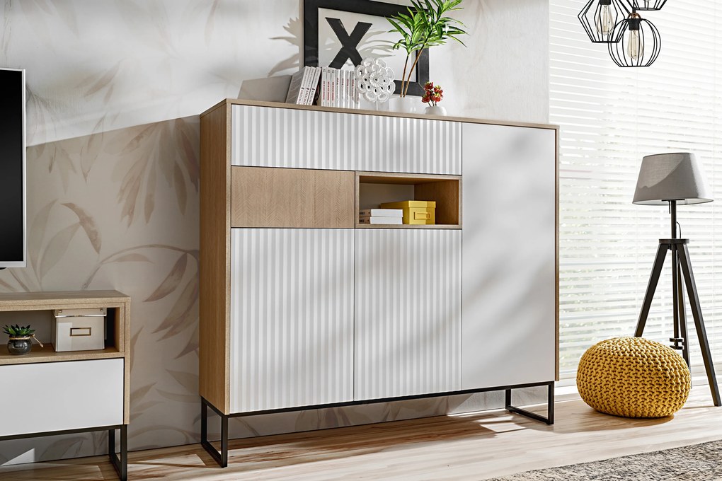 Comodă Bliwon 149 cm cu sertare - herringbone scandi/alb mat