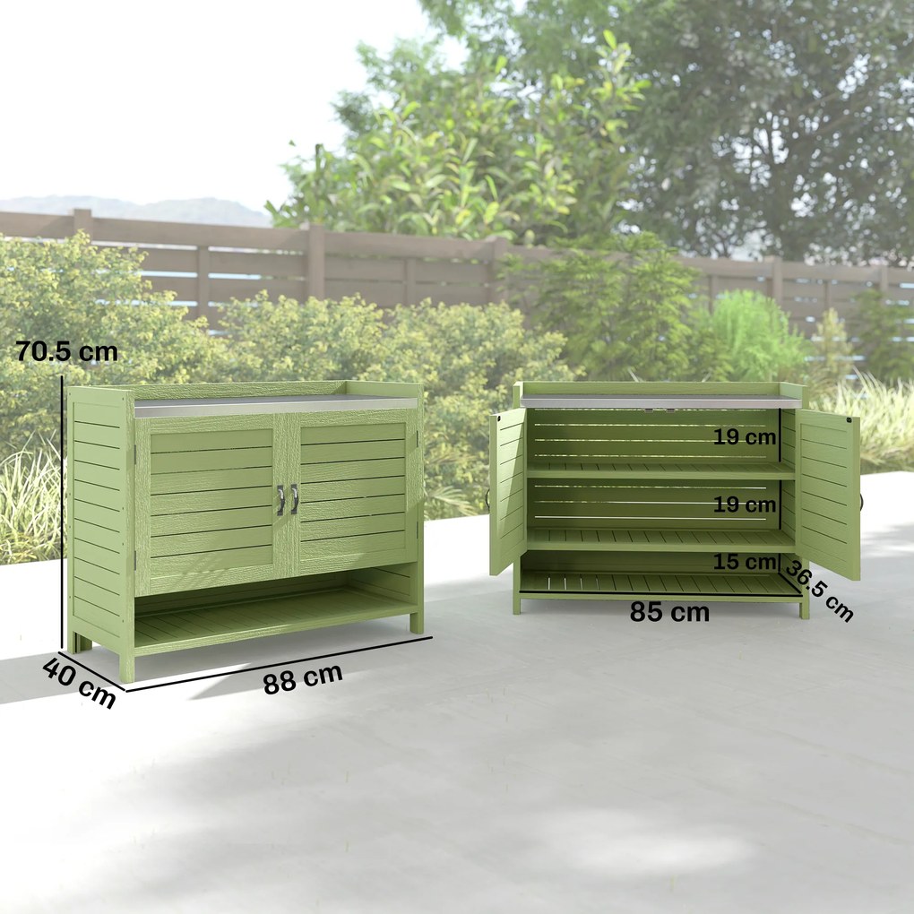 Outsunny Masă de plantat cu dulap inferior din lemn - dulap de grădină pentru exterior cu blat galvanizat, 3 rafturi, 88x40x70,5 cm, Verde | Aosom Romania