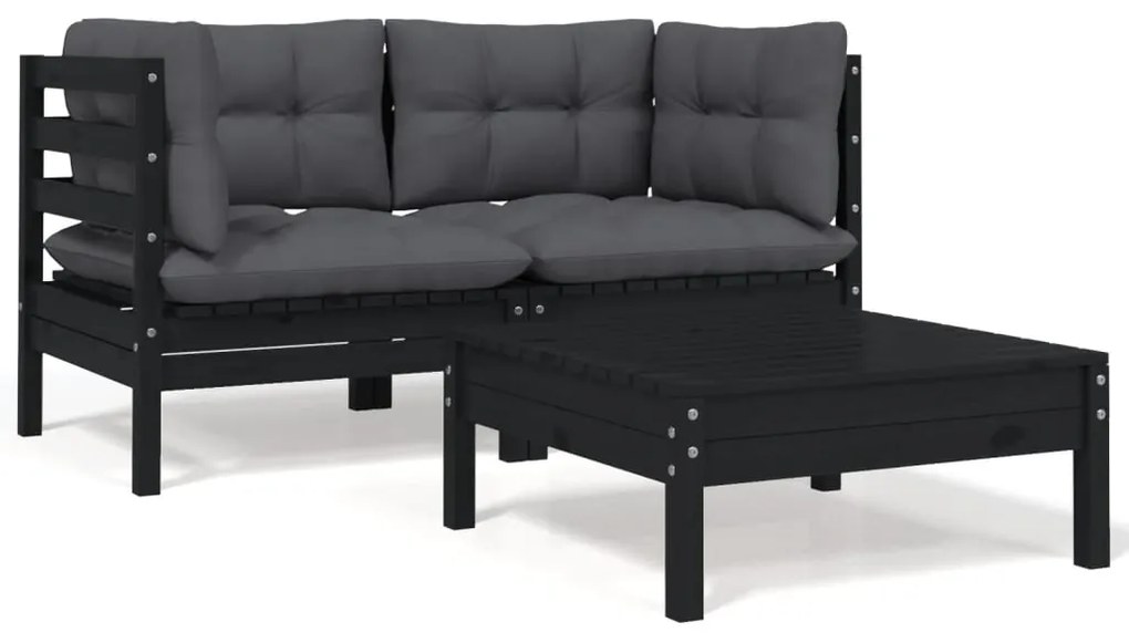 vidaXL Set mobilier grădină cu perne, 3 piese, negru, lemn masiv pin