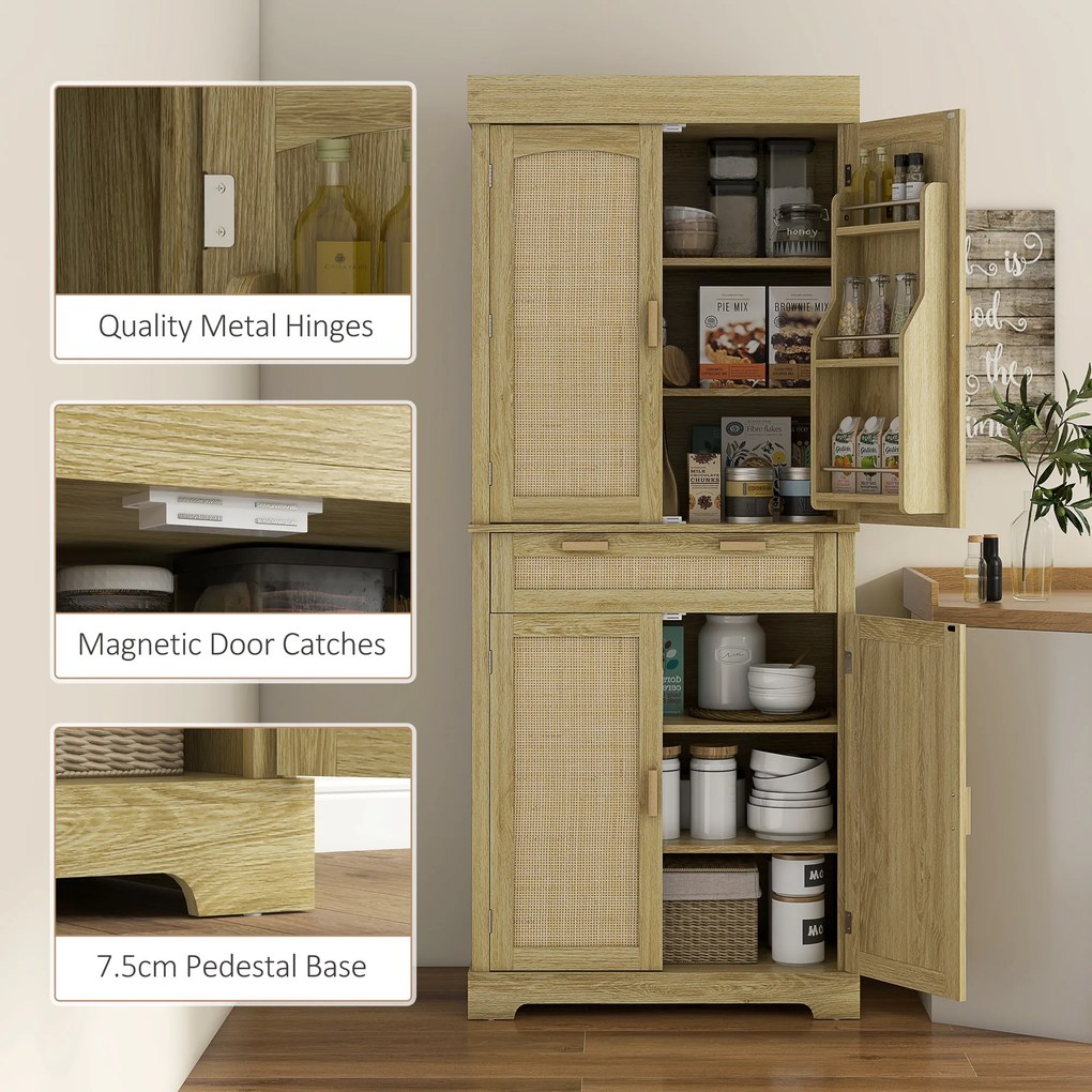 HOMCOM Dulap Bucătărie 76×40×183 cm cu 2 Uși și Sertar, Rafturi Condimente, Stejar | Aosom Romania