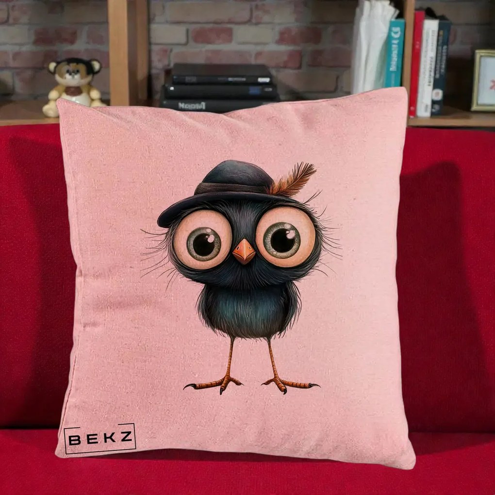 Perna Decorativa Pui Misterios cu Palarie Neagra, 40x40 cm, Roz, Husa Detasabila, Perna Inclusa, BEKZ®