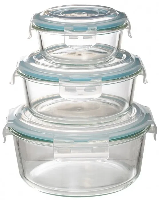 Set 3 caserole JJA, sticla, capace ermetice, rotunde, 400 ml, 950 ml, 1750 ml