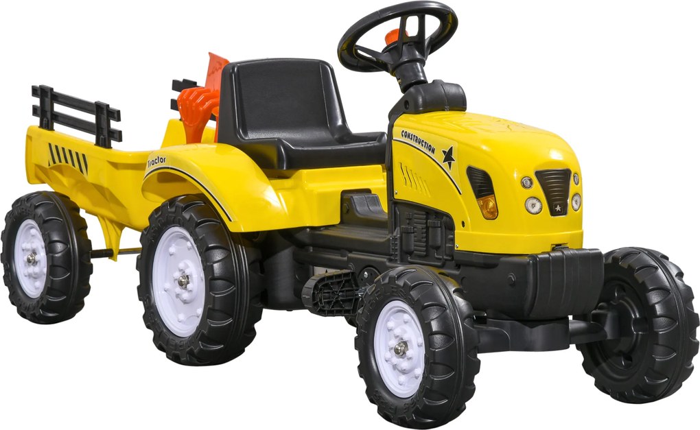 HOMCOM Tractor de Pedalat pentru Copii de 3+ Ani cu Remorcă, Greblă, Lopată și Claxon, 133x42x51 cm, Galben | Aosom Romania