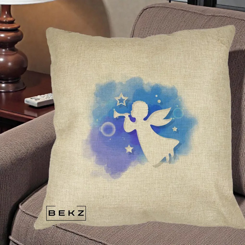 Perna Decorativa Inger cu Trompeta Albastru, 40x40 cm, Crem, Husa Detasabila, Perna Inclusa, BEKZ®
