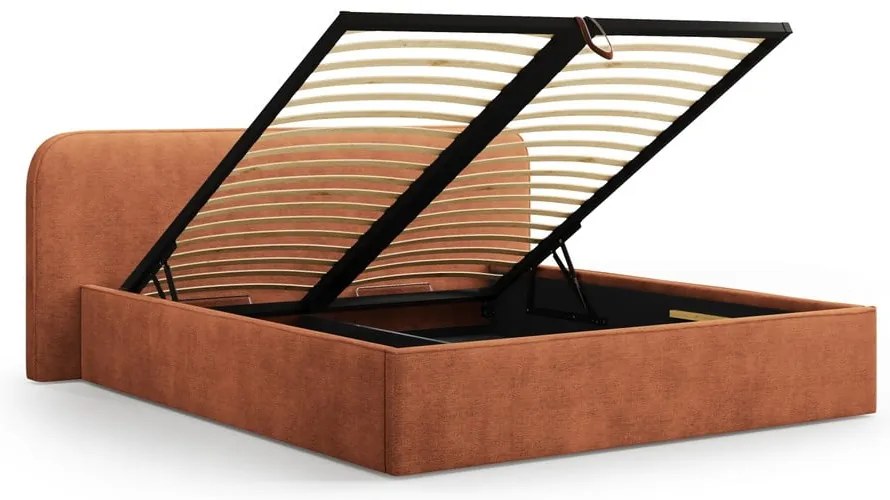 Pat matrimonial cărămiziu tapițat cu spațiu de depozitare cu somieră 180x200 cm Elizabeth – Micadoni