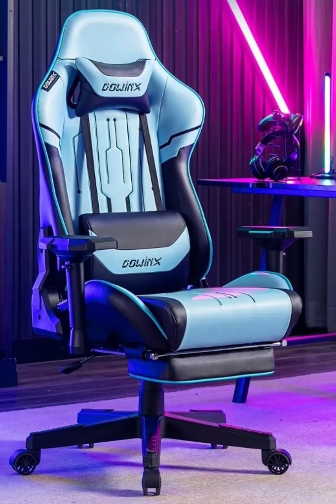 DOWINX Scaun gaming, ergonomic, pernă lombară cu masaj, spatar inalt, suport pentru picioare, piele PU matlasata, respirabila, cotiere 4D, rezistent 150 kg, Albastru