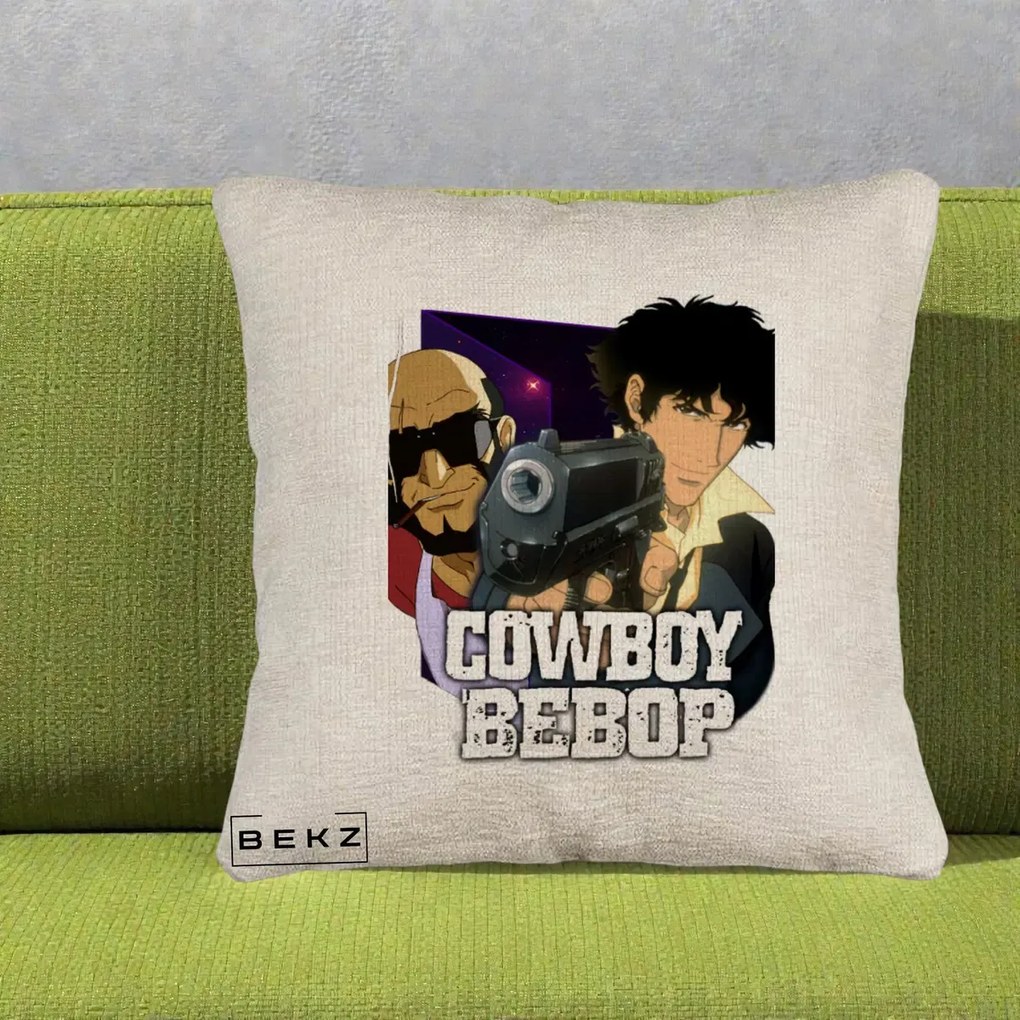 Perna Personalizata Cowboy Bebop Spike si Jet Poster, 40x40 cm, Bej Canapea, Husa Detasabila, Perna Inclusa, BEKZ®