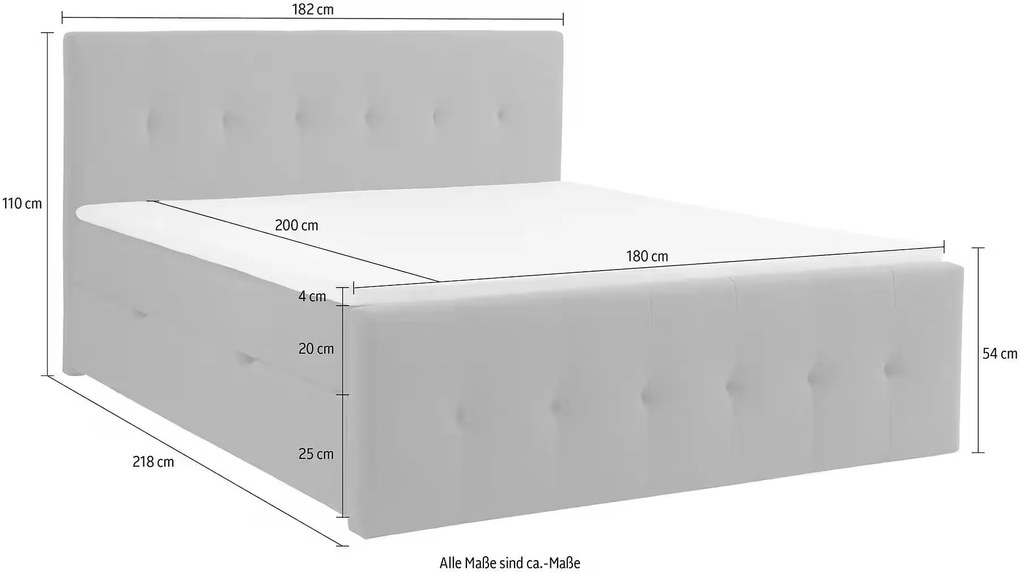 Boxspring 180x200 cm, cu lada de depozitare, 2 saltele și topper, material țesătură, culoare gri deschis