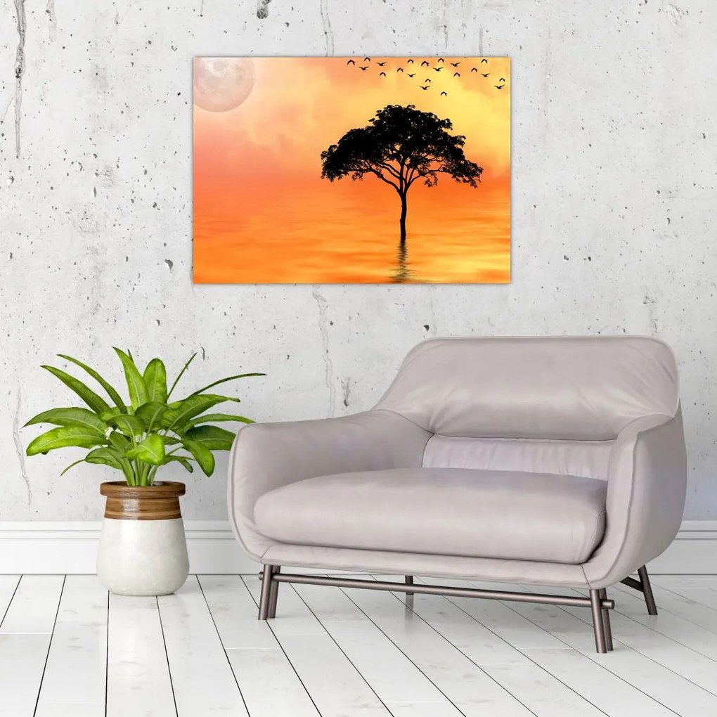 Tablou pe sticlă cu copac în apus de soare (70x50 cm)