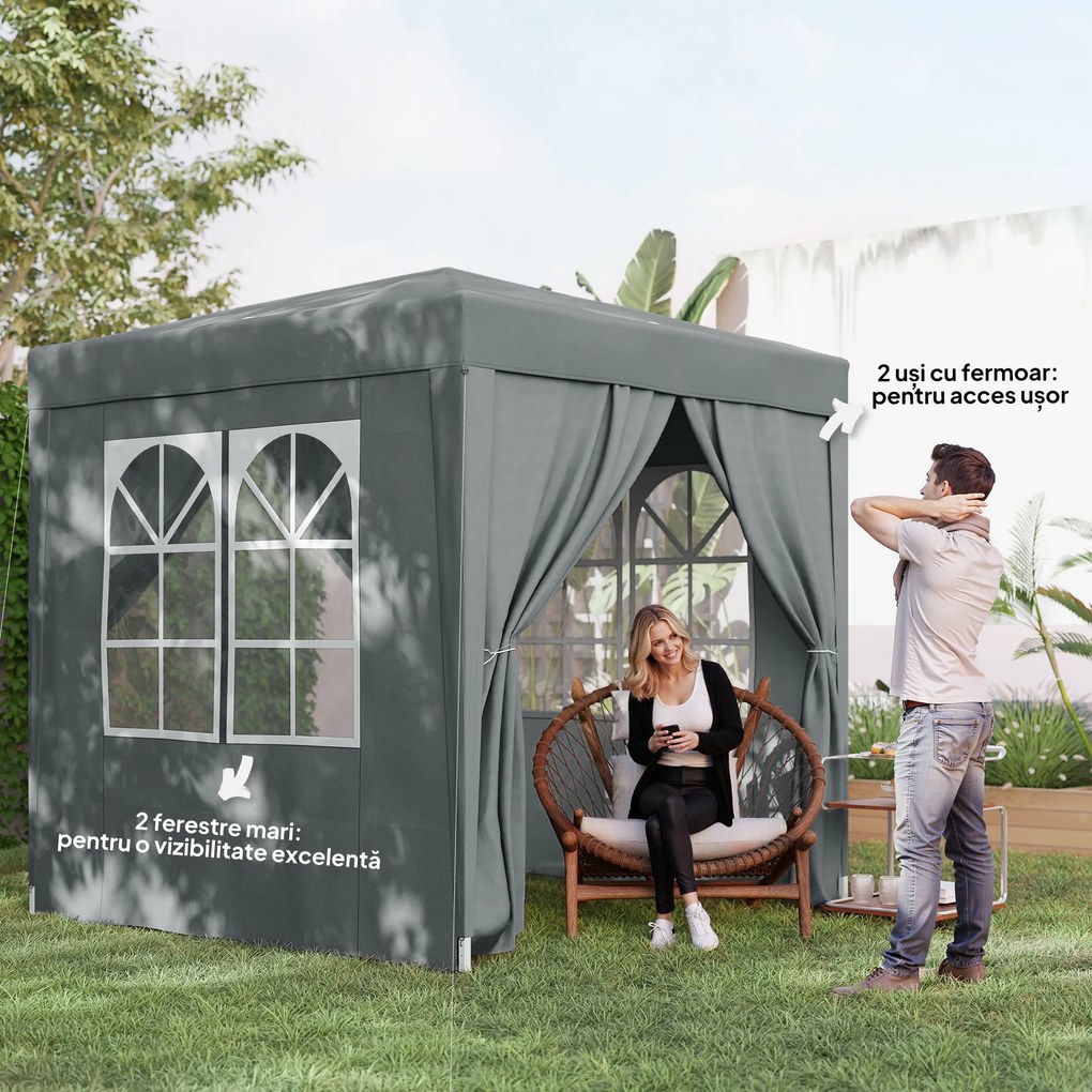 Outsunny Foișor Pliabil 2x2 m Pop Up cu 2 Uși, 2 Ferestre, 4 Pereți Detașabili, Foișor de Exterior cu Husă de Transport din Oțel și Țesătură Oxford, pentru Grădină, Petreceri, Camping, Gri | Aosom Romania