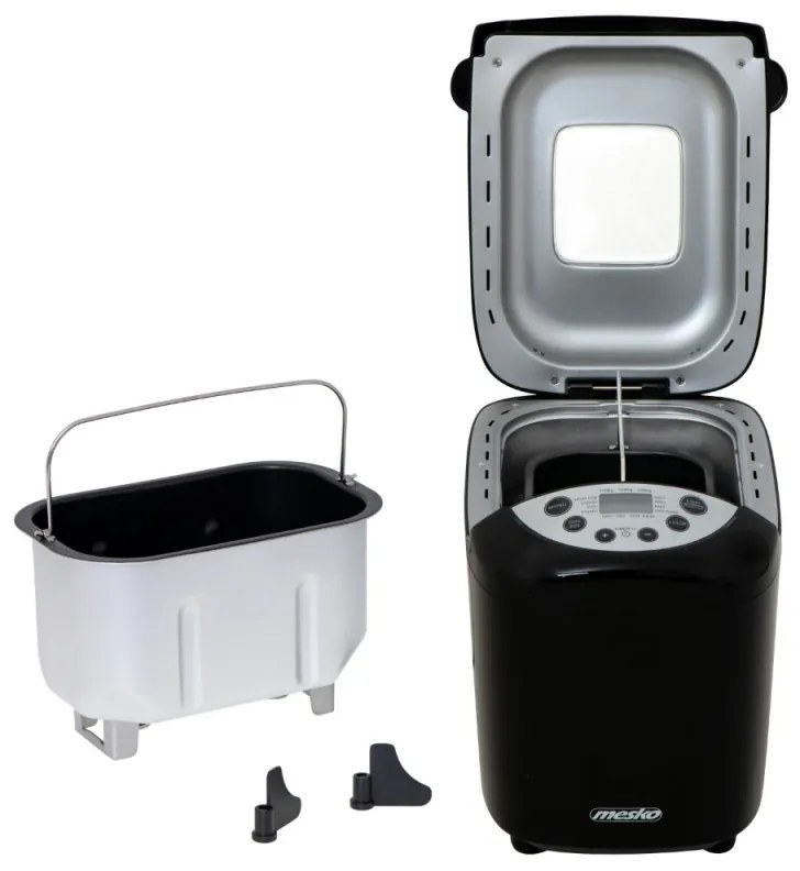 Masina de facut paine Mesko MS 6022, 1/1.5 kg, 850 W, 15 programe, Afisaj LCD, Agitator dublu, Cos mobil, Negru