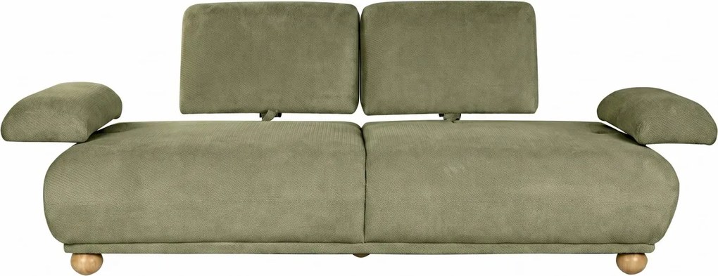 Canapea extensibilă cu 3 locuri din bumbac, verde, spătar rabatabil, picioare sferice din lemn, material rezistent la pete, 95 x 245 x 125 cm,