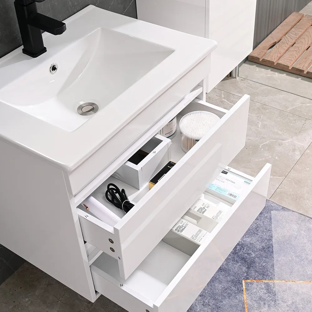Mască de baie Cube 60 cu chiuvetă ceramică, 2 sertare, vopsită în alb lucios