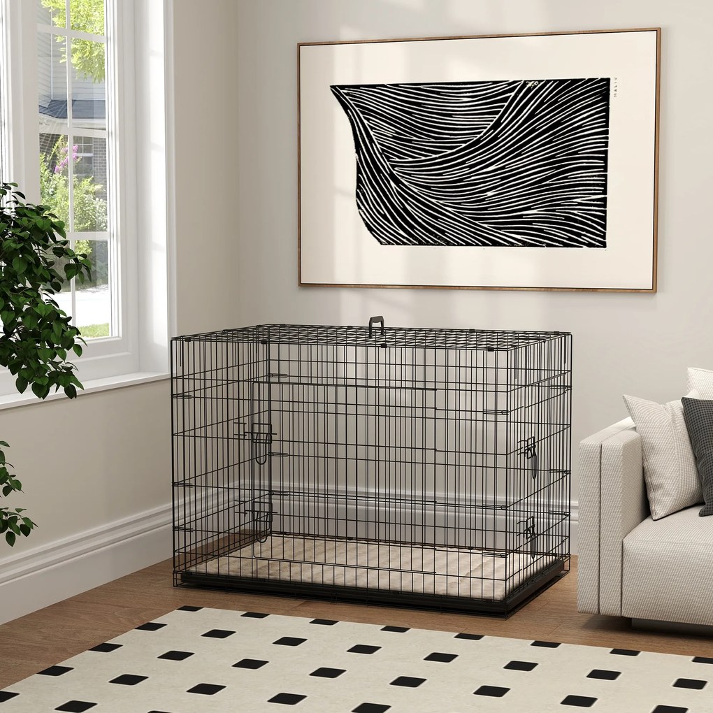 PawHut Cușcă cușcă de transport pliabilă pentru câini cu mână, tavă detașabilă, pernă inclusă 105 x 70 x 75 cm negru | Aosom Romania