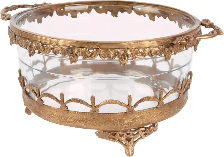 Suport lumânare din alamă și sticlă decorată manual, auriu, cu două mânere sculptate și margine ornamentată, finisaj patinat, 14 x 15 cm, „Héloïse”