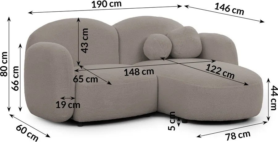 Colțar gri cu tapițerie din țesătură bouclé (cu colț pe partea dreaptă/cu șezlong) Orbit – Ropez