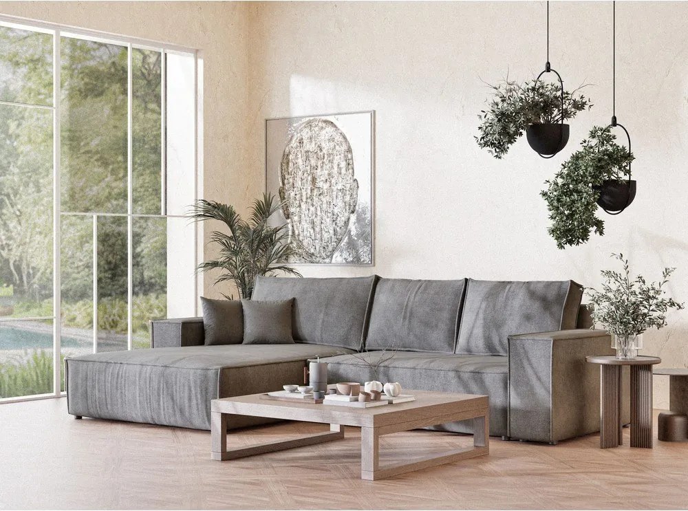 Colțar gri extensibil/cu spațiu de depozitare cu tapițerie din chenille (cu colț pe partea stângă/cu șezlong) Maze – Maison de Rêve