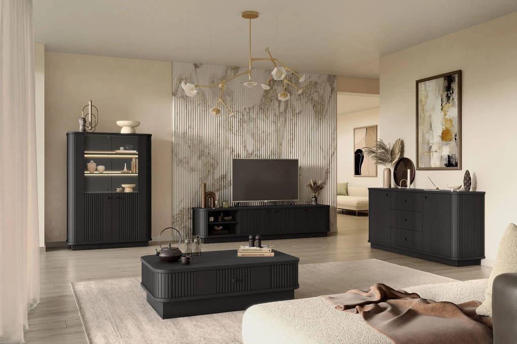 Comodă TV Vesper 3D 187 cm - negru / mânere negre