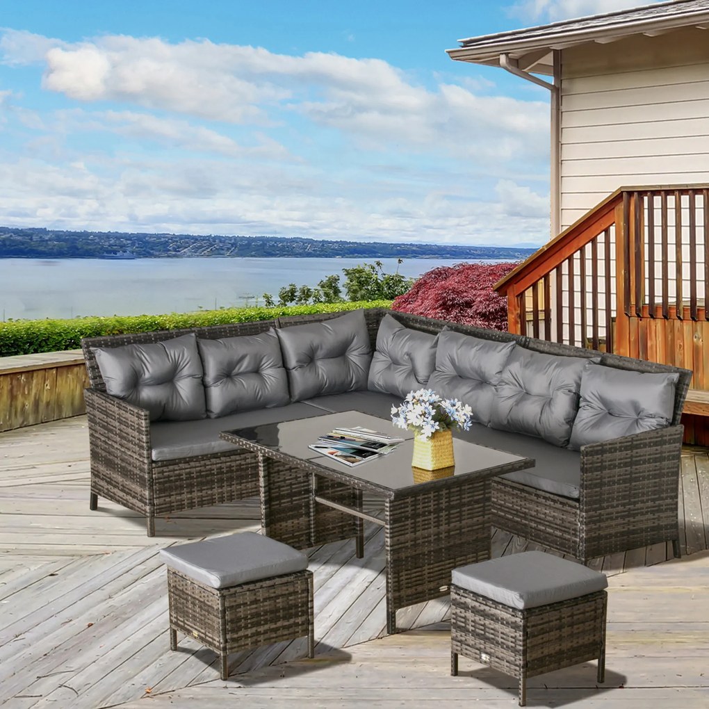 Outsunny Set de mobilier de grădină din PE-Rattan, pentru 5 persoane, Set de lounge din rattan, perne detașabile, Gri + Maro | Aosom Romania