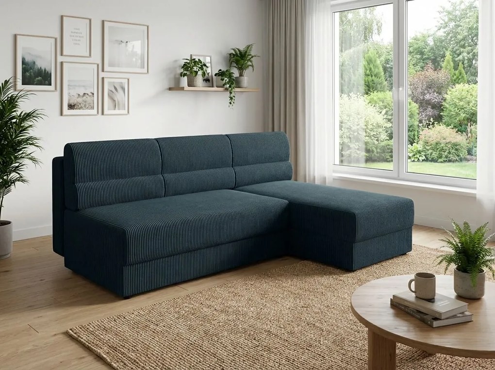 Canapea extensibila de colt TAVERO SLIM, 201x140 cm, albastru inchis, reversibila