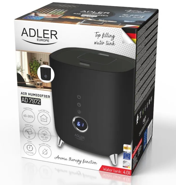 Umidificator de aer Adler AD 7972, Pana la 35 m2, 4 l, 150-300 ml/ora, Ultrasunete, Display LED, Higrometru, Timer, Negru