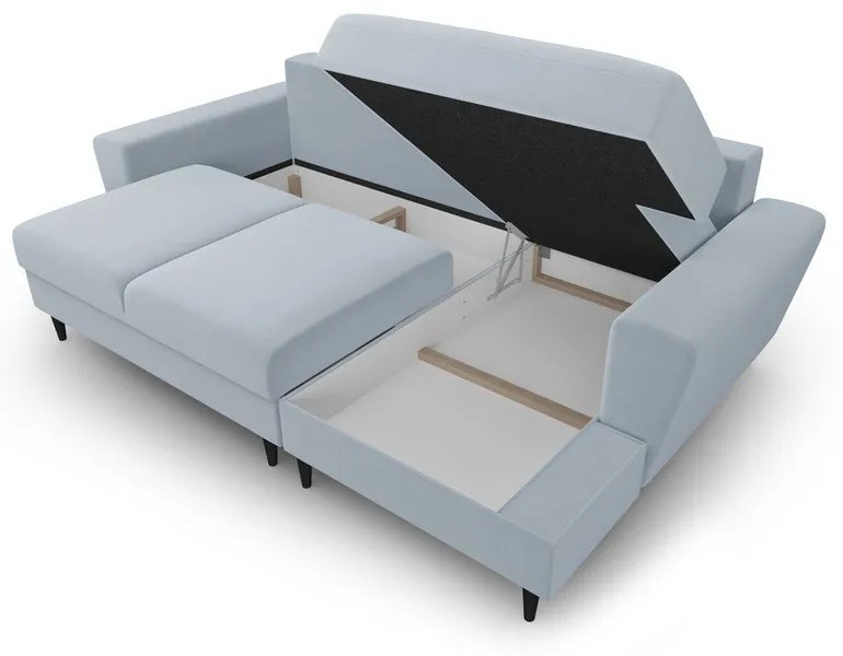 Colțar albastru deschis extensibil, cu spațiu de depozitare cu tapițerie din catifea (cu colț pe partea dreaptă, cu șezlong) Kyoto – Cosmopolitan Design