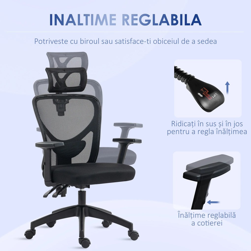 Vinsetto Scaun Birou Ergonomic, Scaun Ergonomic cu Suport Lombar si Tetiera, 66x61x106-116cm Negru | Aosom Romania
