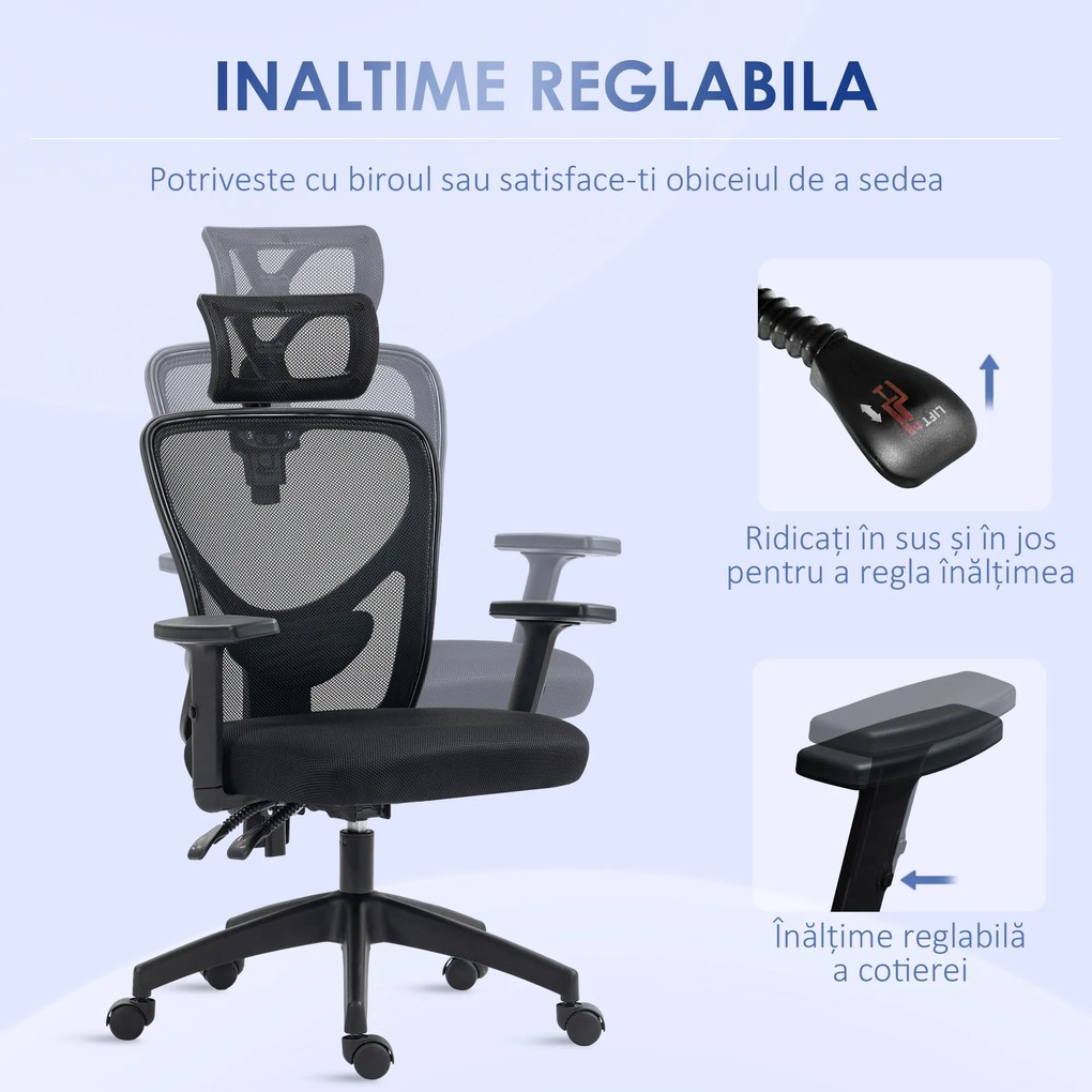 Vinsetto Scaun de Birou cu Inaltime Reglabila si Pivotant, Scaun Ergonomic cu Suport Lombar si Tetiera, 66x61x106-116cm Negru | Aosom Romania