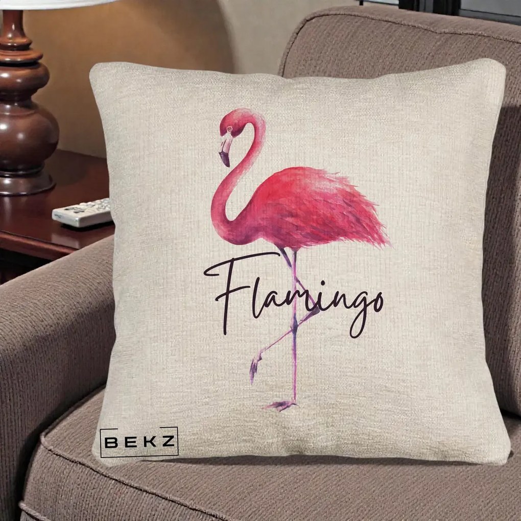 Perna Decorativa Flamingo Acuarela, 40x40 cm, Bej Canapea, Husa Detasabila, Perna Inclusa, BEKZ®