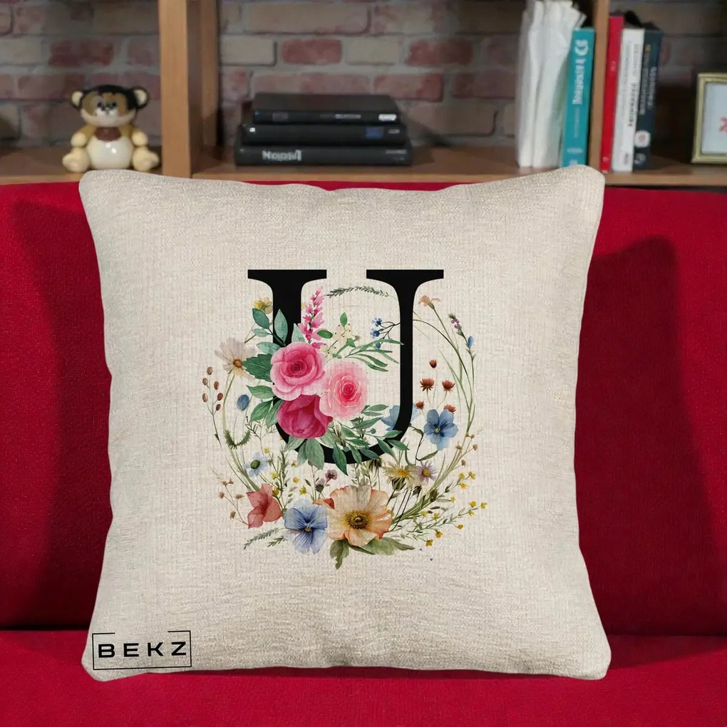 Cadou Personalizat - Perna Personalizata Monogram Litera U cu Flori Acuarela, 40x40 cm, Bej Canapea, Husa Detasabila, Perna Inclusa, BEKZ®