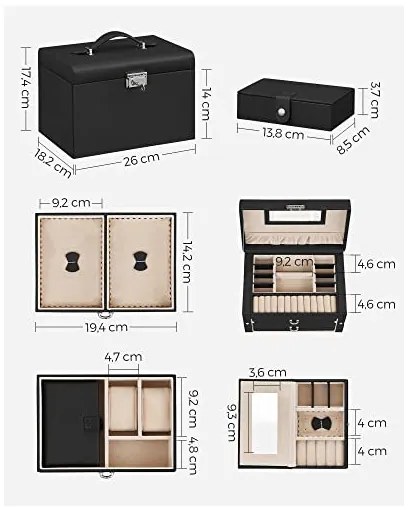 Set 2 cutii de bijuterii, Songmics, 18 x 26 x 17 cm, JBC121B, Negru