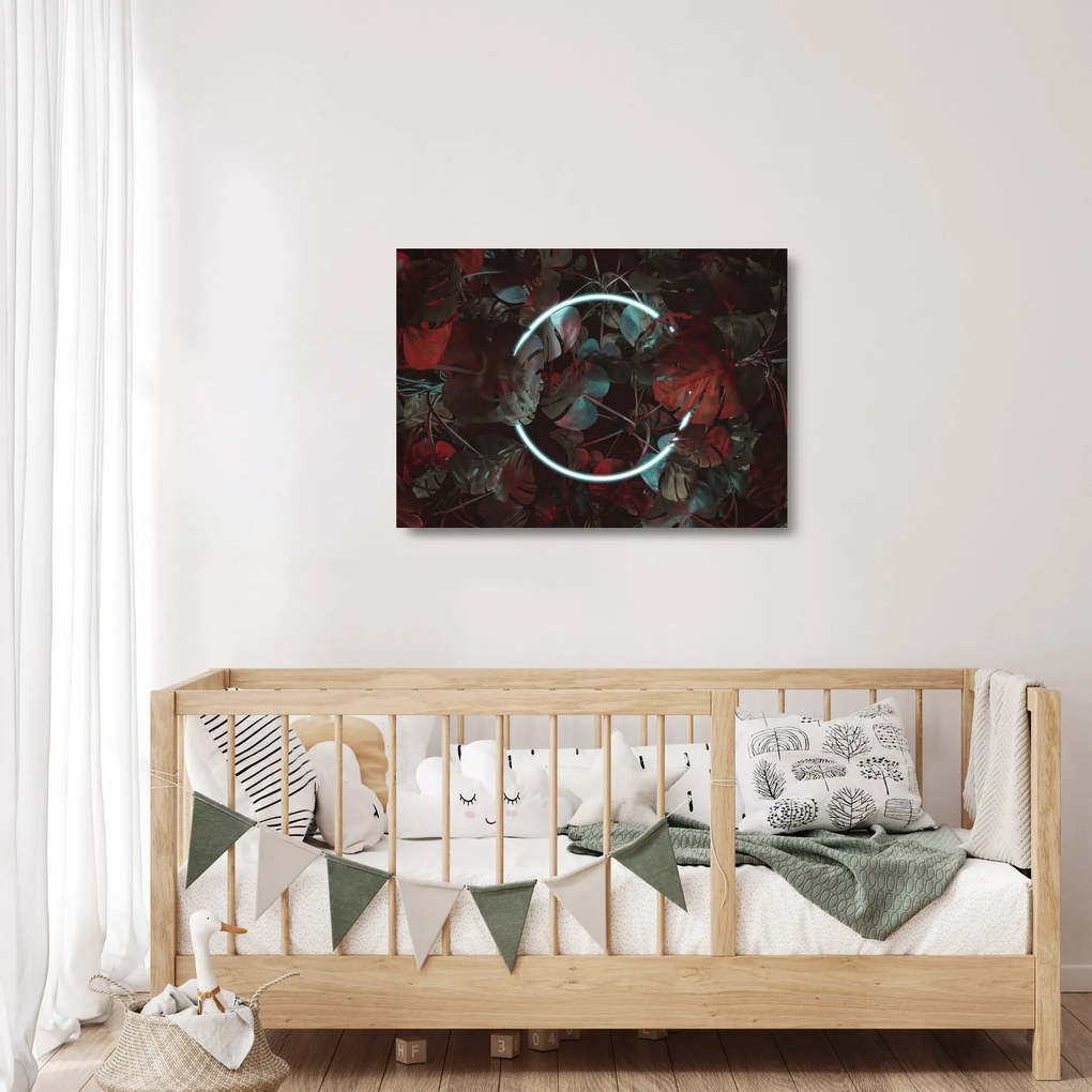 Tablou pe sticlă - Cerc de neon între palmieri (70x50 cm)