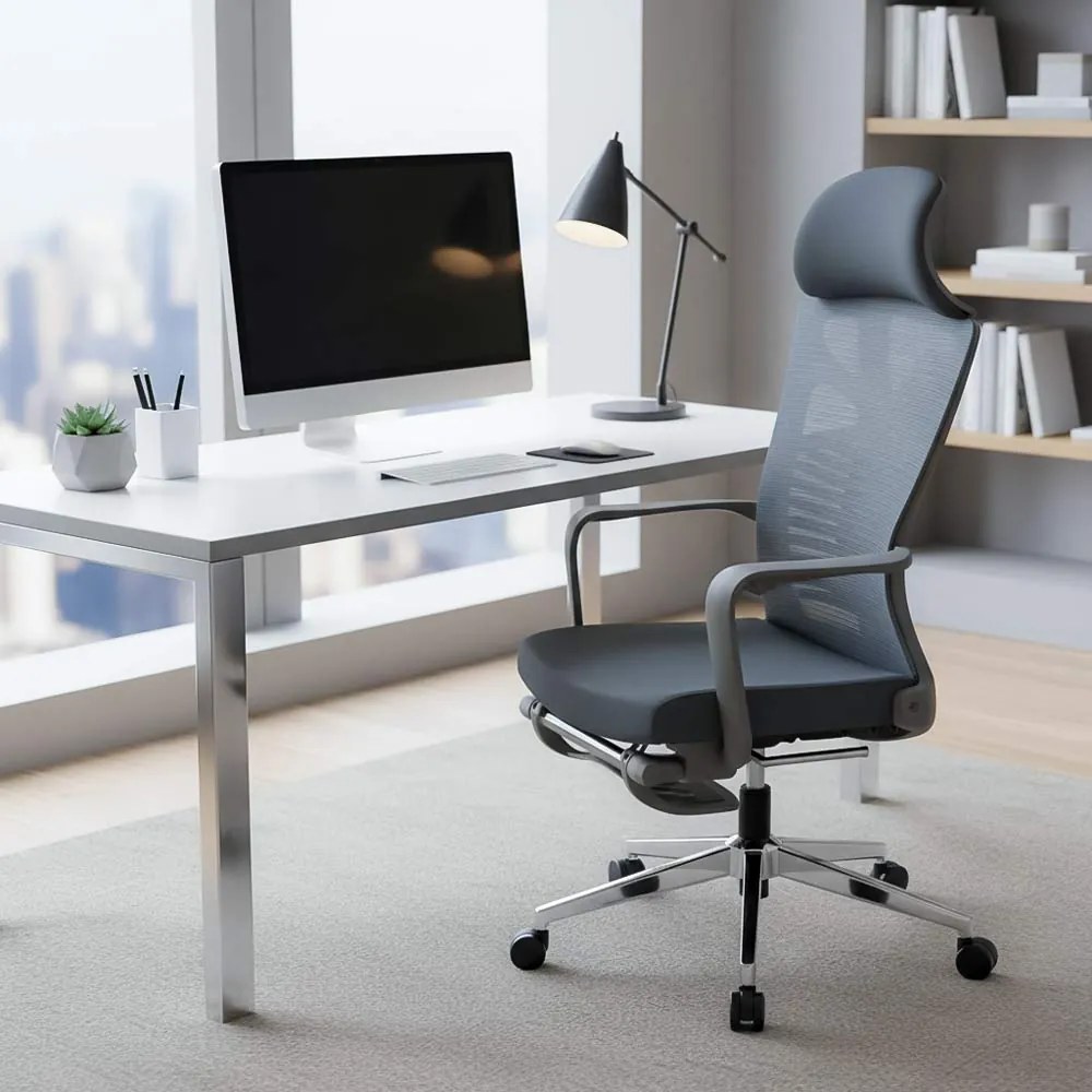 Scaun ergonomic SYYT 9502 gri, rabatabil cu suport de picioare