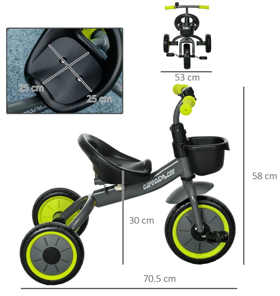 AIYAPLAY Tricicletă pentru Copii cu Scaun Reglabil, Bicicletă pentru Copii cu Coș și Clopoțel, 70.5x53x58 cm, Negru | Aosom Romania