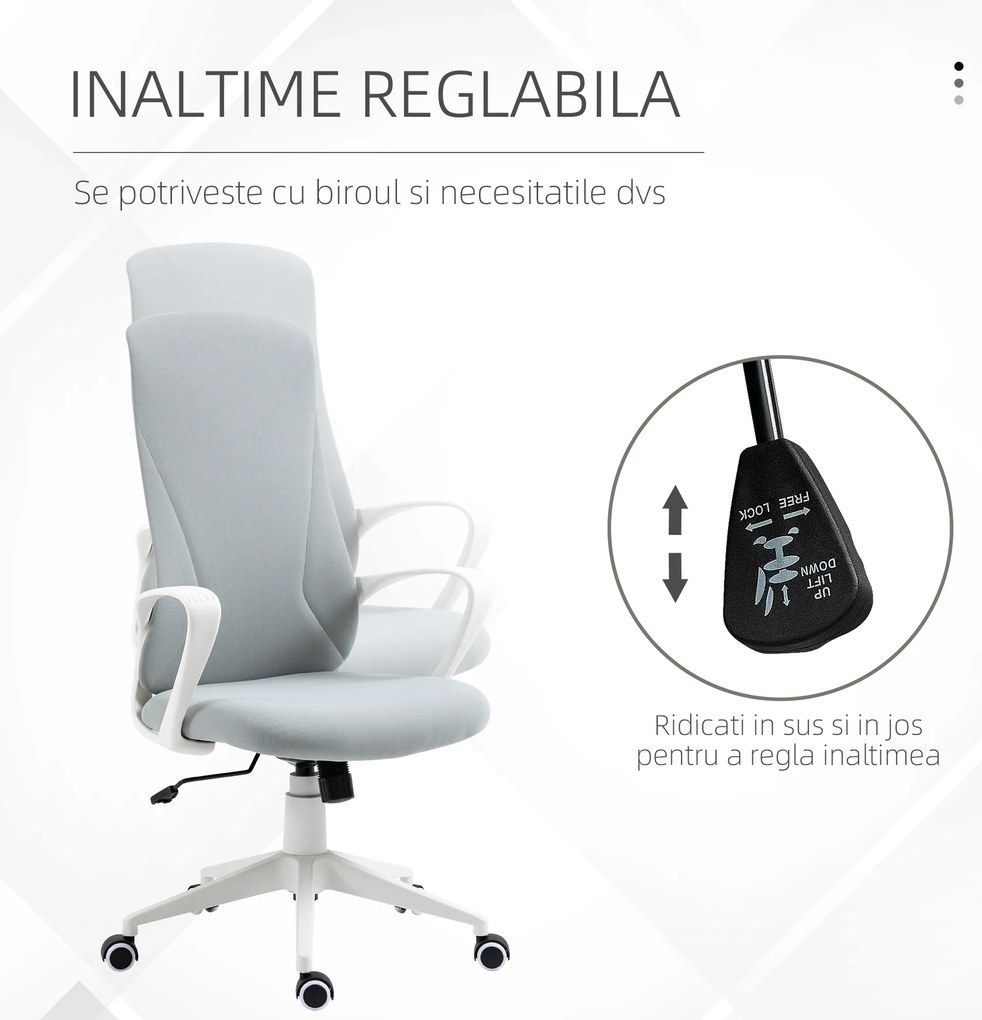 Vinsetto Scaun de Birou Ergonomic și Tapitat, Înălțime Reglabilă, Funcție de Înclinare, 62x56x110-119.5 cm, Gri | Aosom Romania