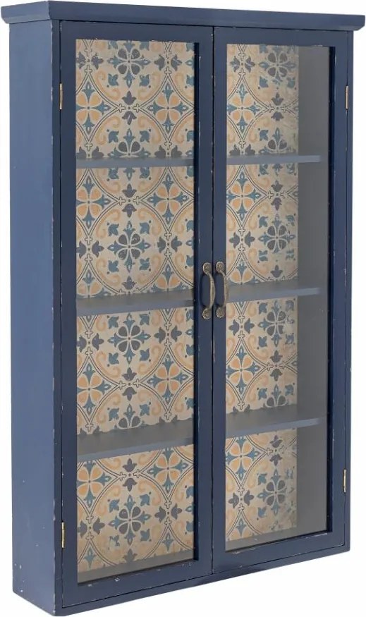 Vitrină de perete mediteraneană din lemn, albastru, cu 2 uși vitrate, 3 rafturi și spate imprimat, finisaj antichizat, 122 x 81 x 18 cm, „Hazem”