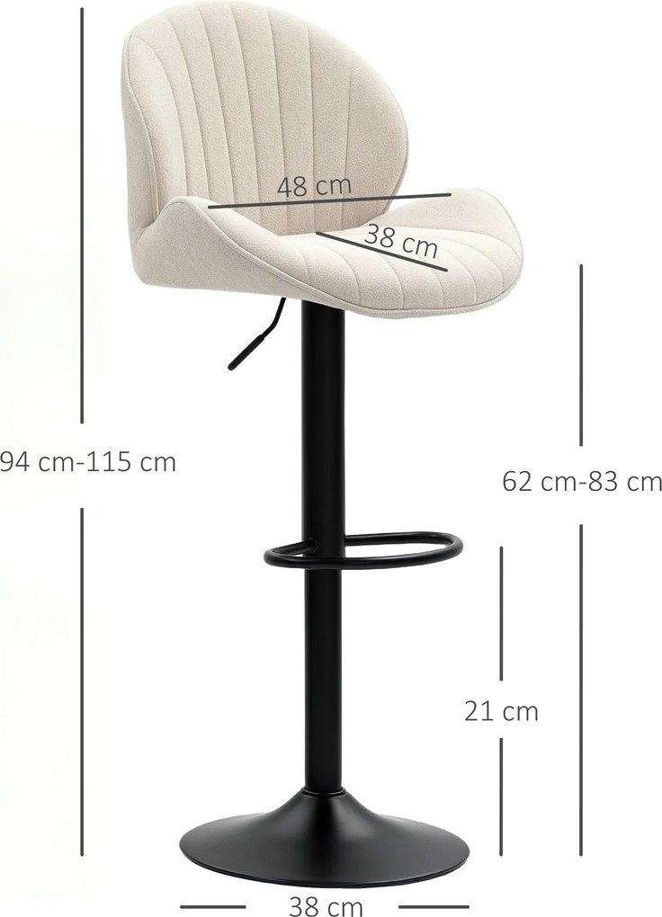HOMCOM Set de 2 Scaune de Bar cu Suport pentru Picioare, din Țesătură cu Efect de Cinilie, 48x50x94-115 cm, Negru și Bej | Aosom Romania