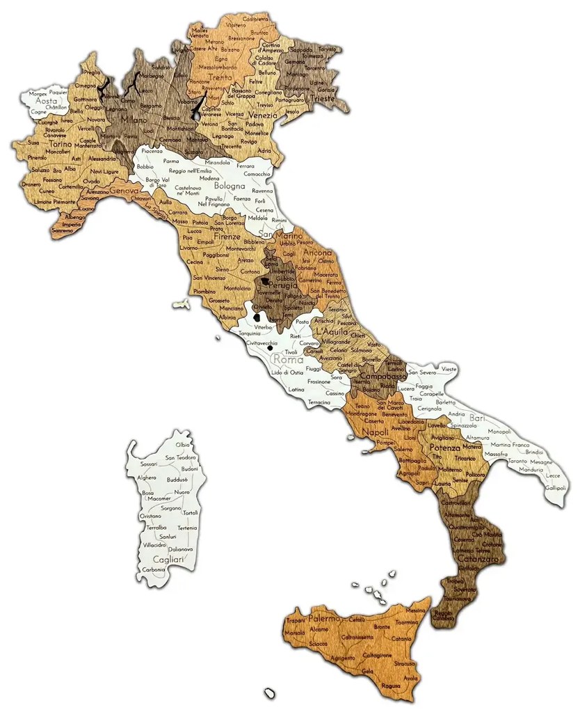 Hartă din lemn a Italiei pentru perete - Decorațiune murală realizată manual în 2D - Italia