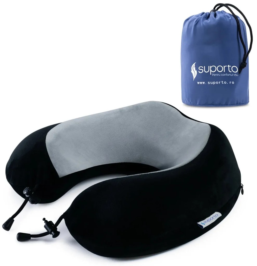 Perna de calatorie din spuma cu memorie, Suporto Travel NEO, ortopedica, Gri cu Negru